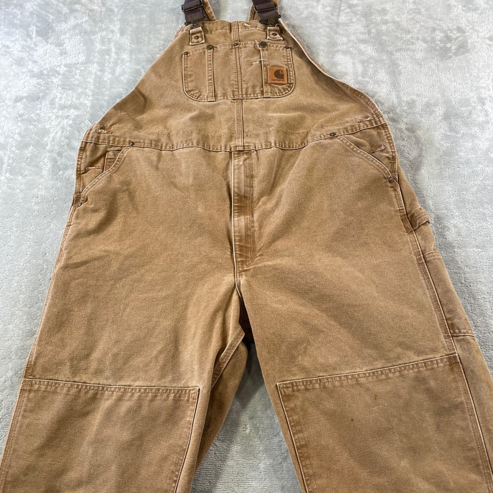 Carhartt Bib Overalls Mens 46x32 Brown Duck Double Knee Work Pants R06 211